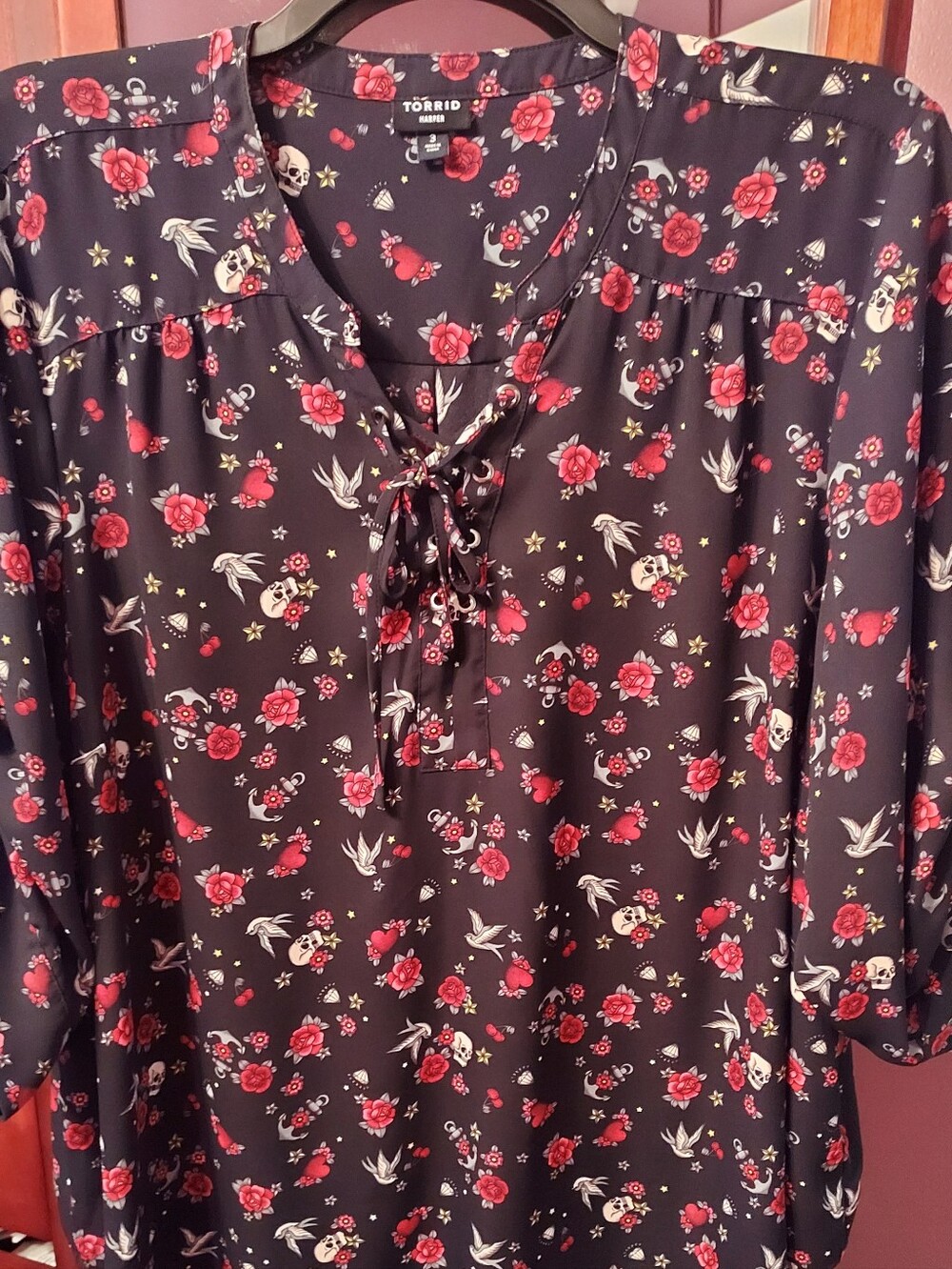 Torrid Black Floral & Skull Tie-Neck Blouse with Red Roses